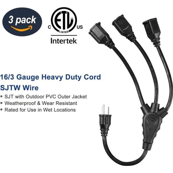 Extension Cord Splitter 1 to 3,18 Inch 16/3 Heavy Duty SJTW Wire,3 Prong Outdoor - Picture 2 of 8
